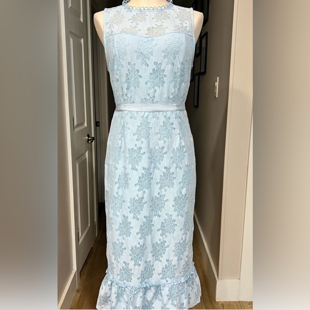NWT New Miami for Francesca Pale Blue Lace Midi Dress Large L Ruffle Hem